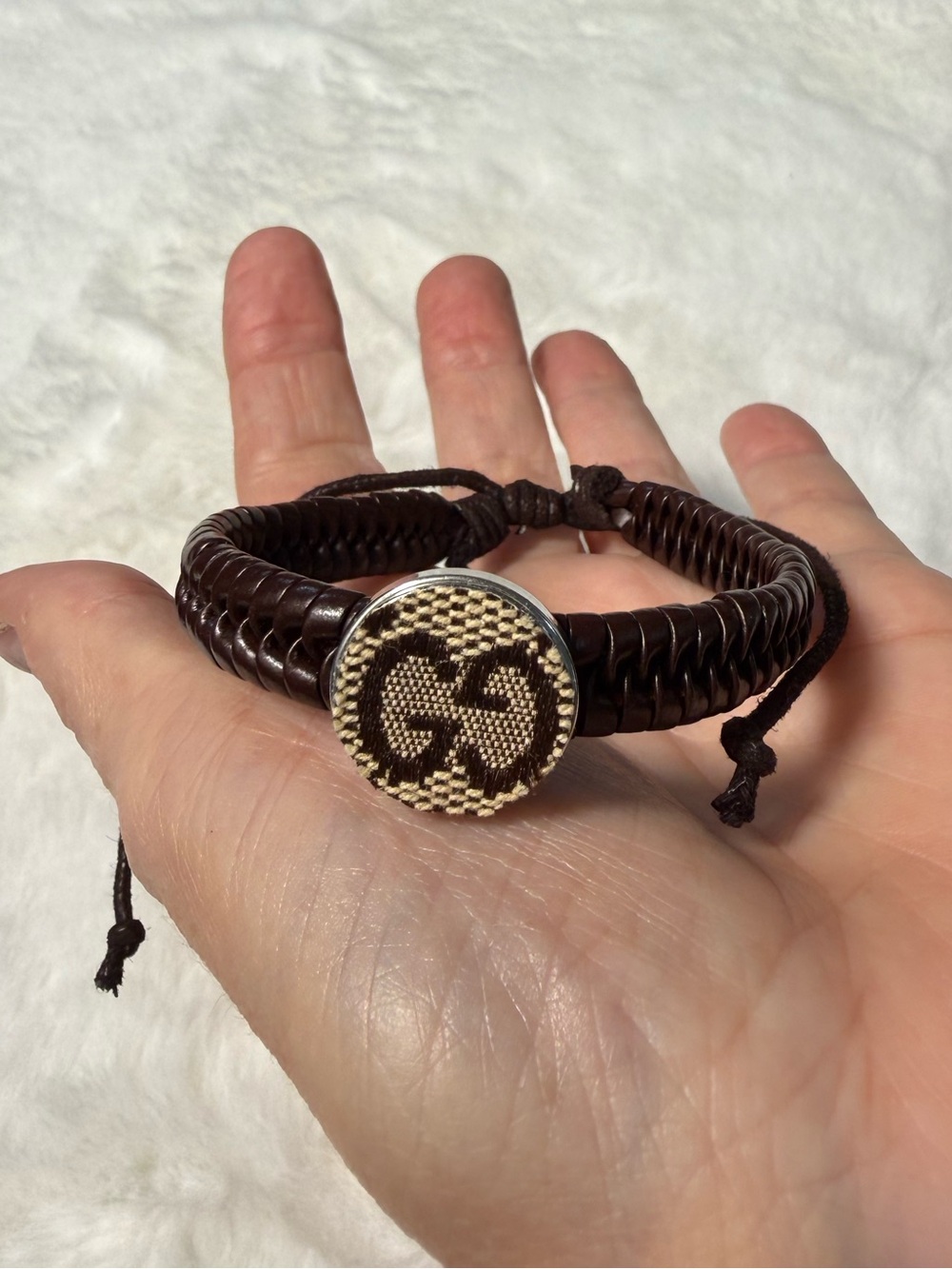 Gucci upcycled charm on Braided Leather Bracelet with Brown Logo Button